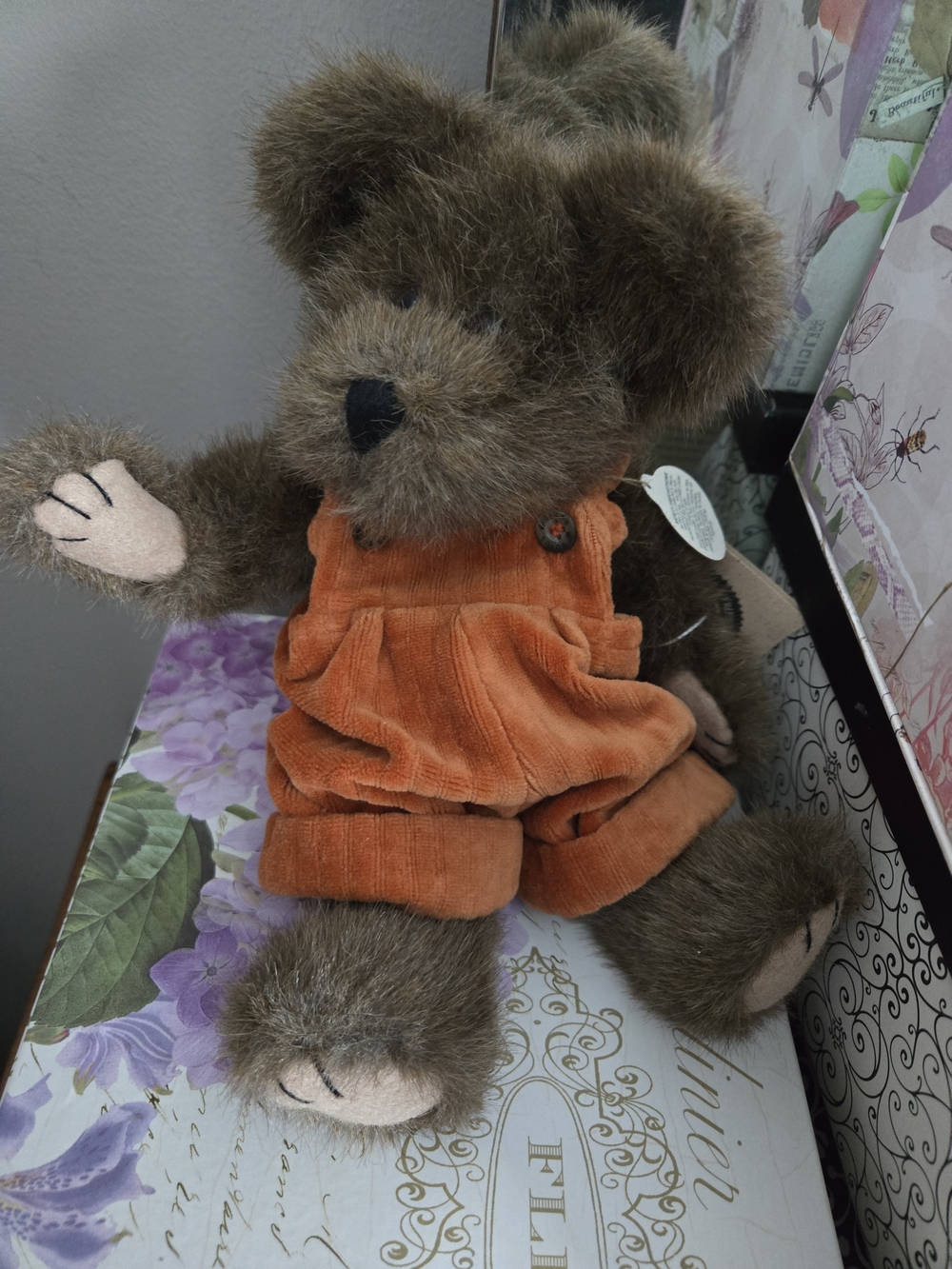 Boyds Bears Brown Teddy with Orange Overalls and Cream Tag